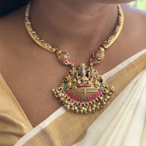 kada style meenakari temple necklace with lakshmi pendant – antique gold bridal jewellery