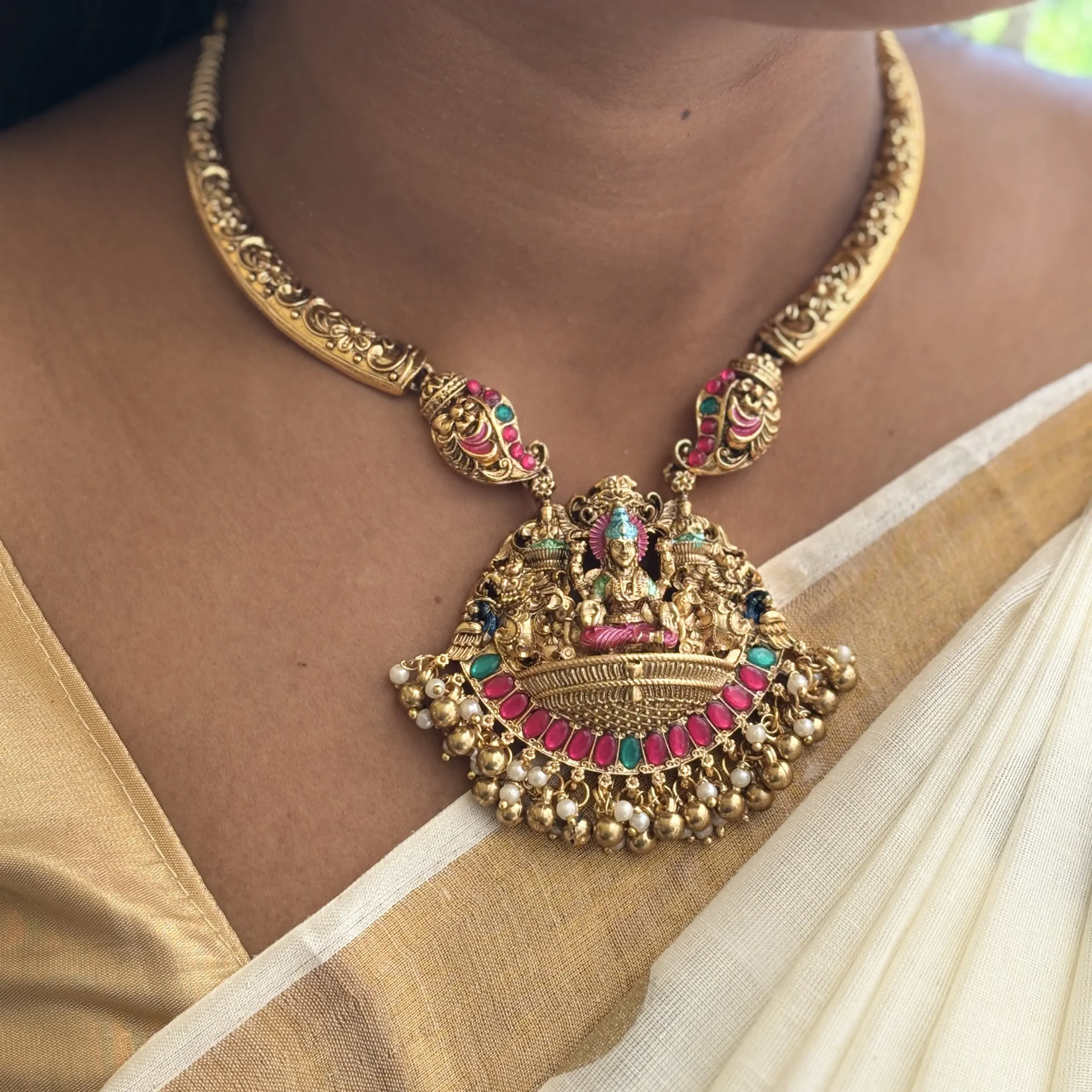 kada style meenakari temple necklace with lakshmi pendant – antique gold bridal jewellery kada style meenakari temple necklace with lakshmi pendant – antique gold bridal jewellery