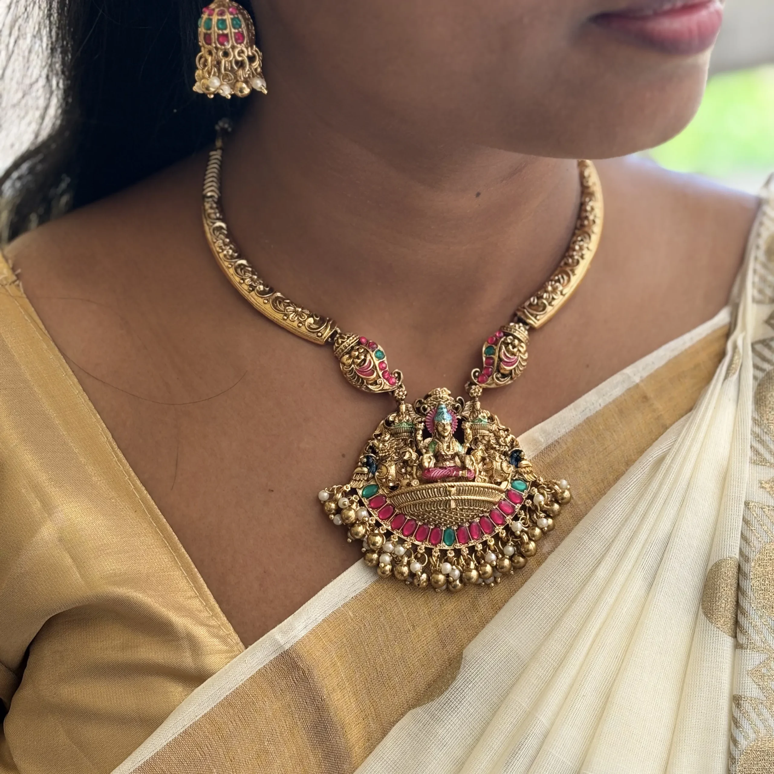 kada style meenakari temple necklace with lakshmi pendant – antique gold bridal jewellery kada style meenakari temple necklace with lakshmi pendant – antique gold bridal jewellery